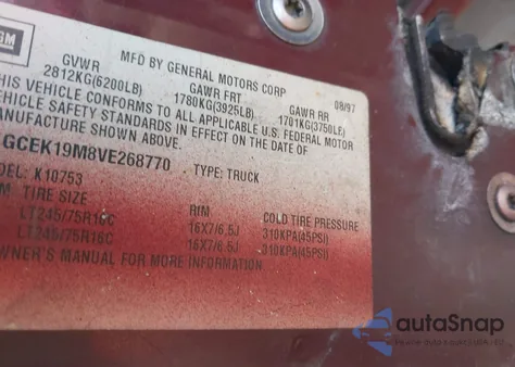 1997 Chevrolet K1500 Fleetside z USA, uszkodzony, nr VIN 1GCEK19M8VE268770